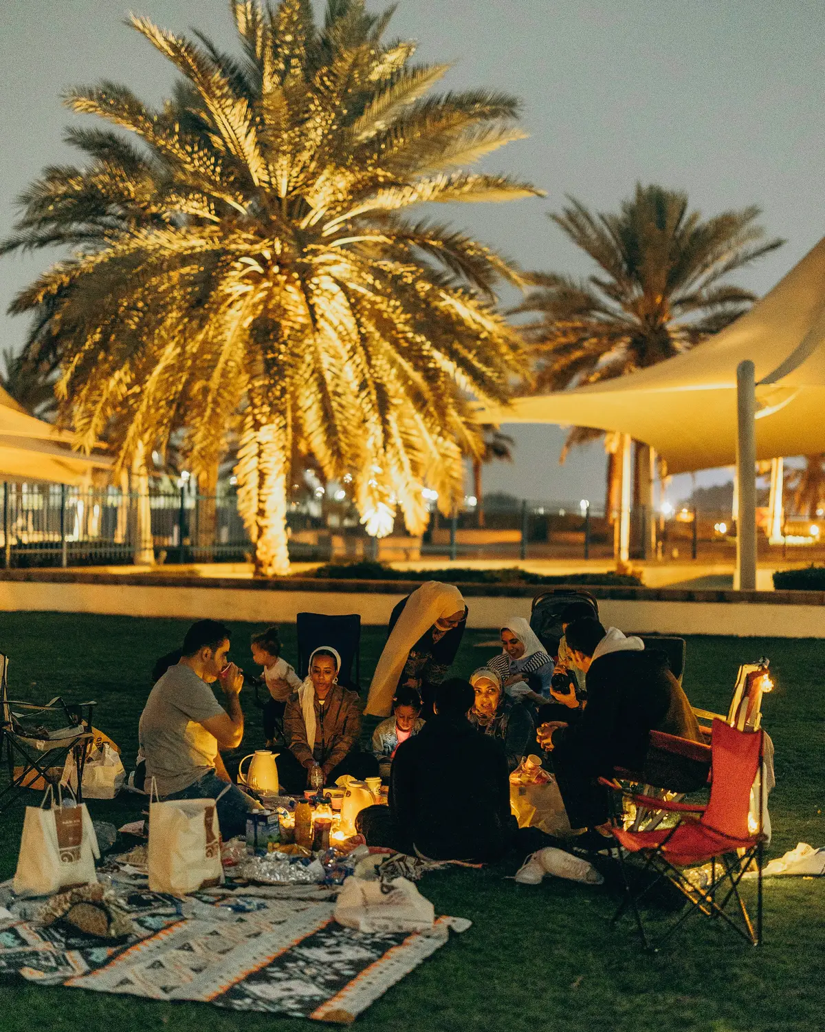 People gathered on a lawn under palm trees on an Abu Dhabi evening