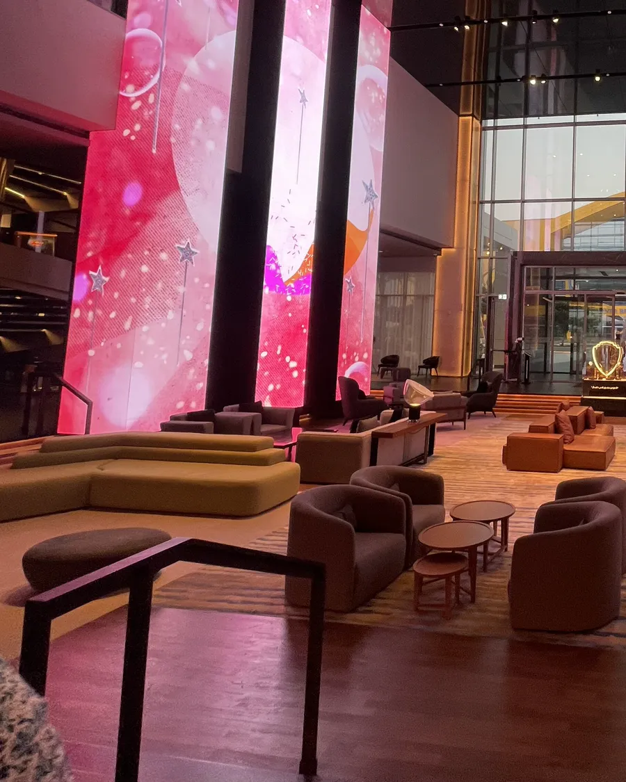 A hotel lounge in Abu Dhabi with low armchairs